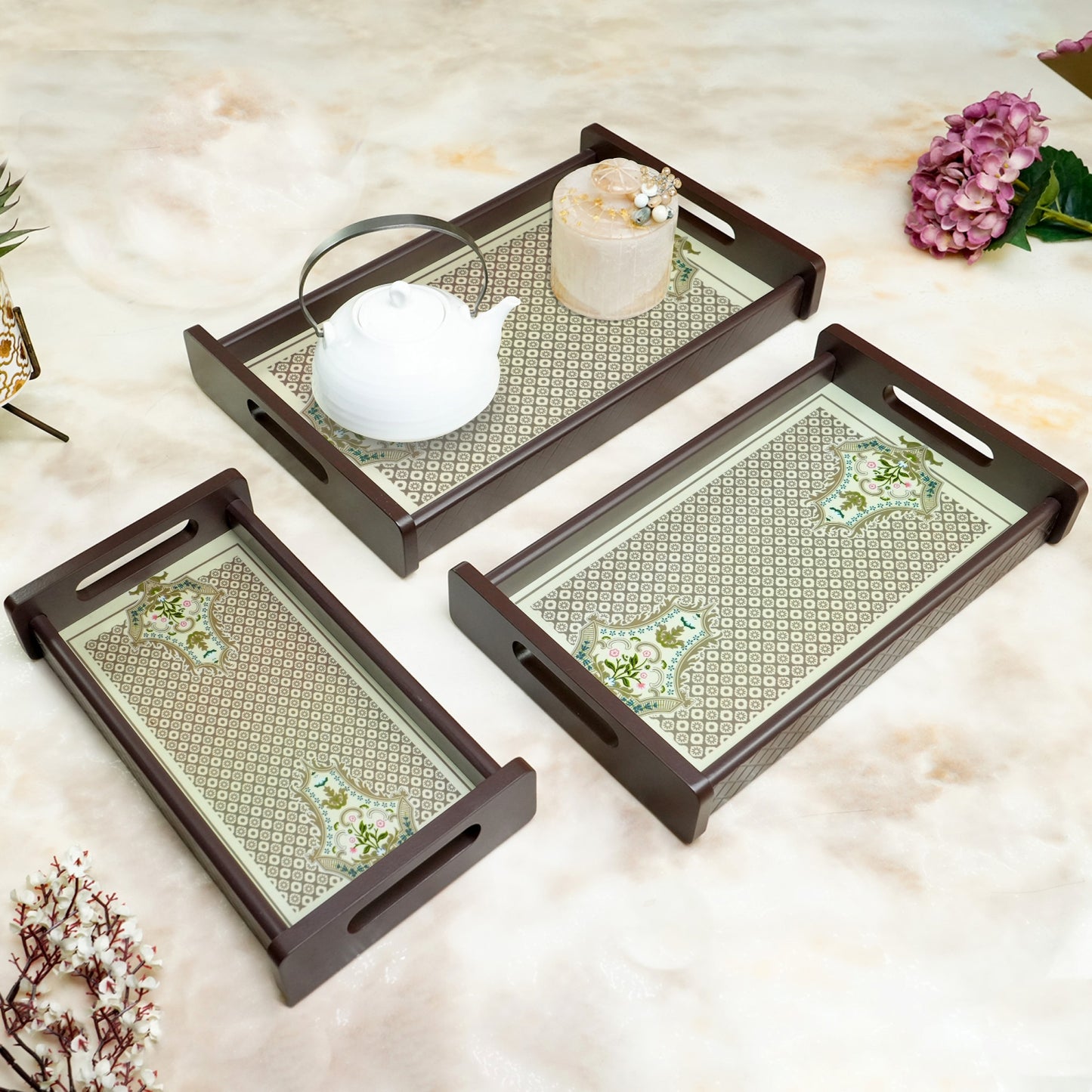 HomeSparkle Wooden Serving Tray Set of 3 – Sizes 16x10, 14x8 & 12x6 inch | Water-Resistant | MDF Print | Engineered Wood | Rectangular, Strong & Durable | Tray Set