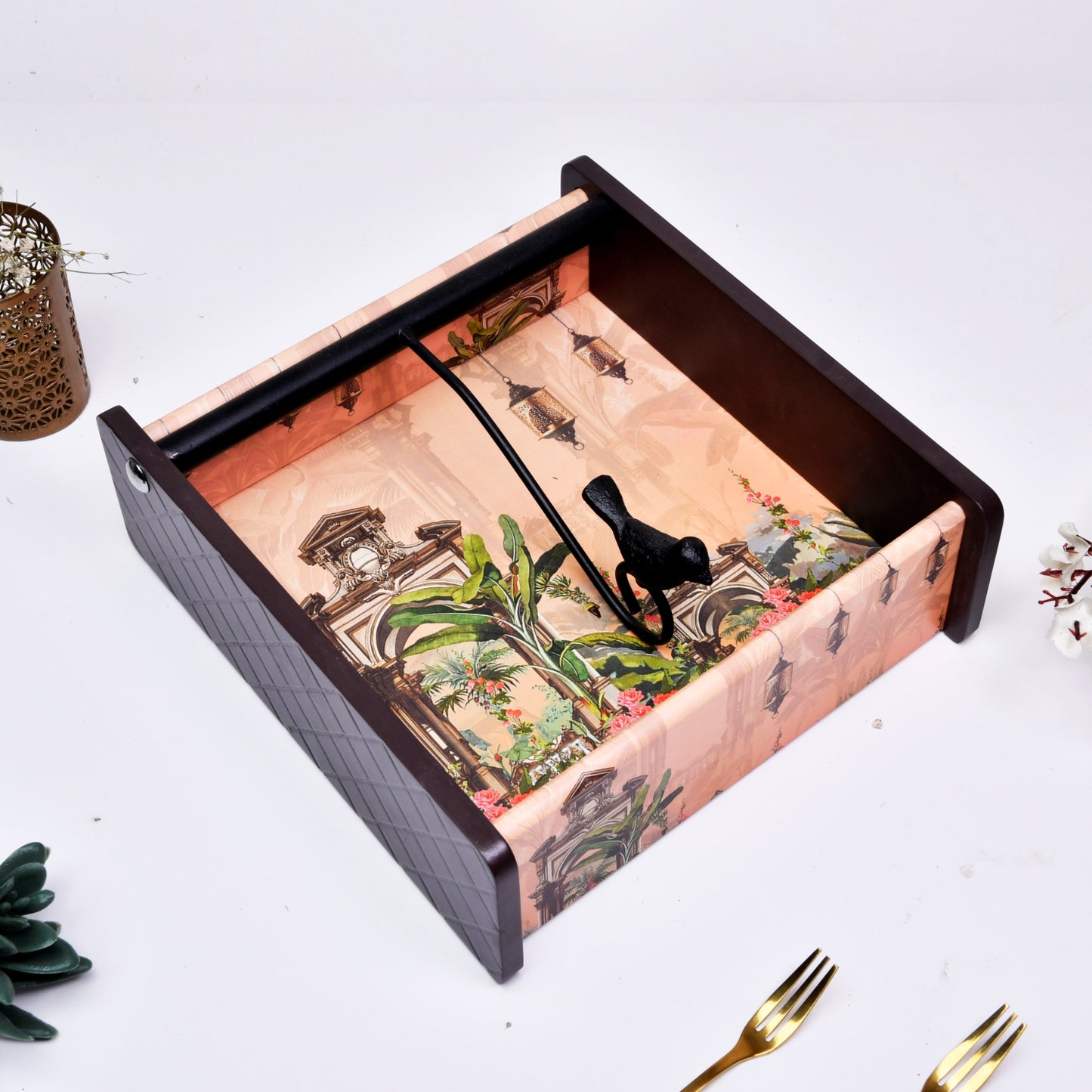 Wooden Tissue Box Holder for Dining Table & Living Room | Elegant Printed Napkin Organizer with Metal Handle
