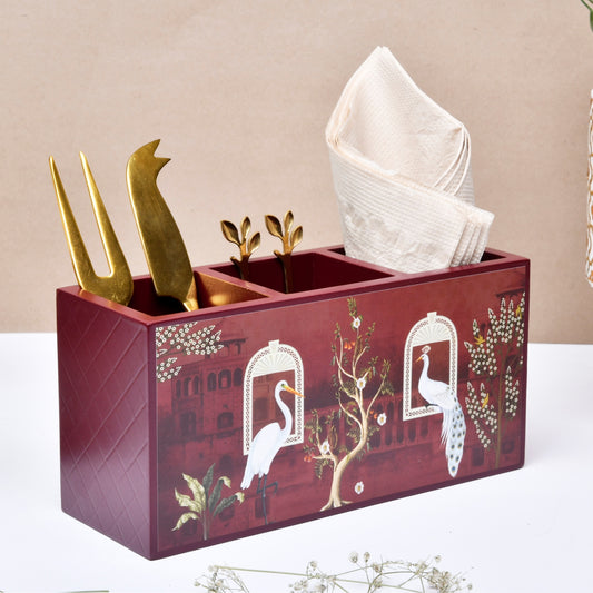 Wooden Cutlery & Tissue Holder for Dining Table | Multi-Compartment Organizer with Printed Design – Elegant Tabletop Accessory