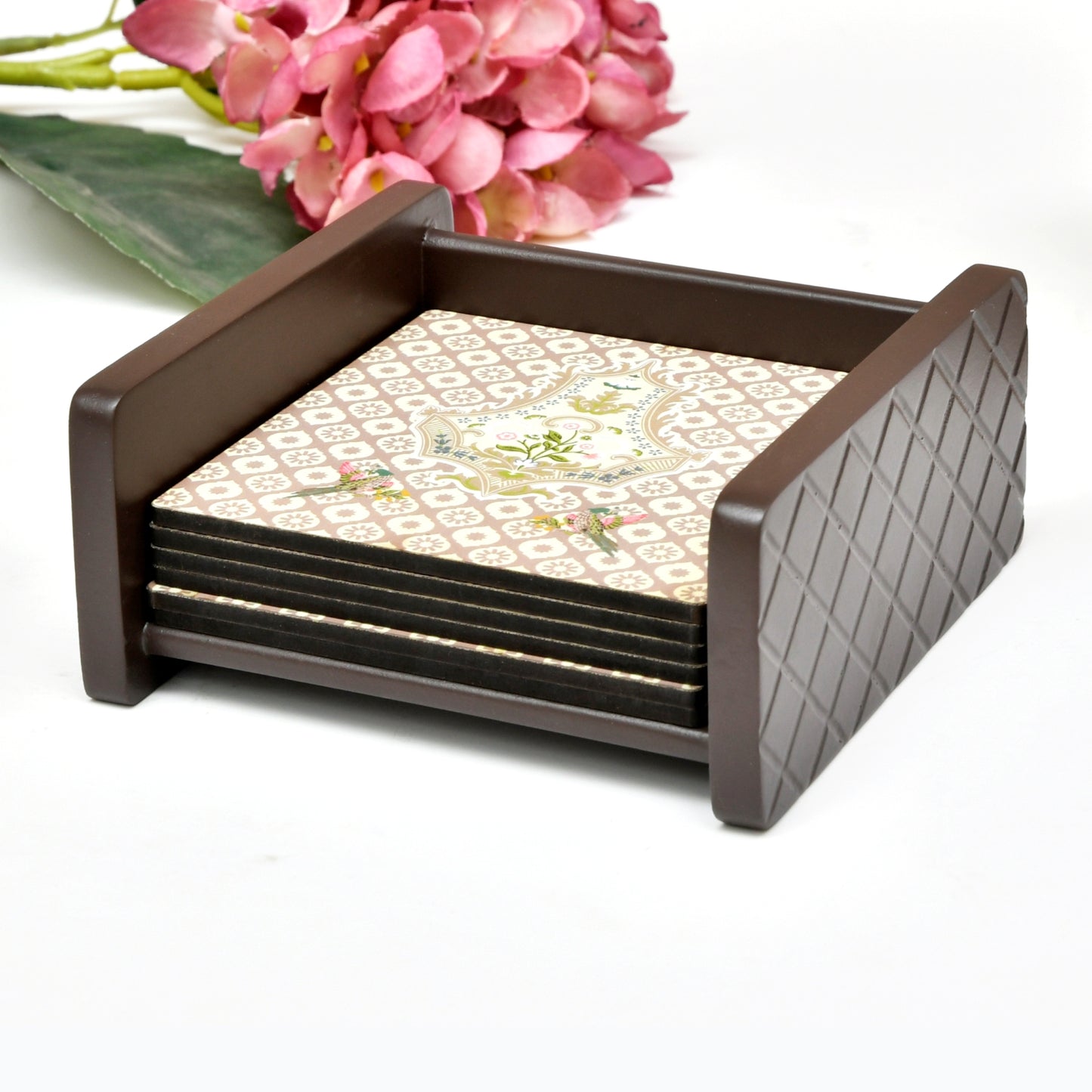 Set of 6 elegant tea coasters with holder — perfect for cups, mugs, and dining tables. Durable, stylish, and ideal for home décor or gifting.