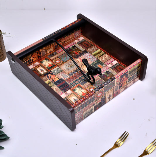 Wooden Tissue Box Holder for Dining Table & Living Room | Elegant Printed Napkin Organizer with Metal Handle