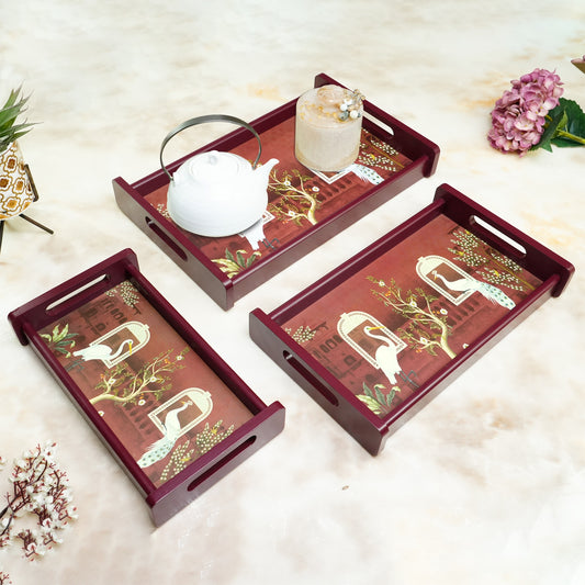 HomeSparkle Wooden Serving Tray Set of 3 – Sizes 16x10, 14x8 & 12x6 inch | Water-Resistant | MDF Print | Engineered Wood | Rectangular, Strong & Durable | Tray Set