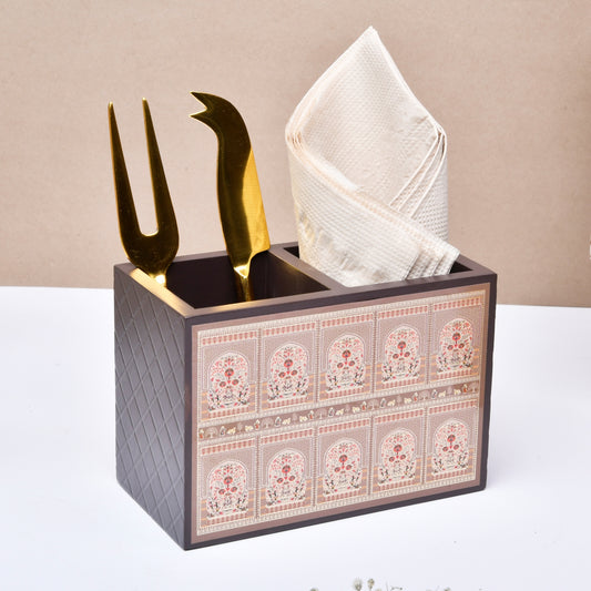 Wooden Cutlery & Tissue Holder for Dining Table | Multi-Compartment Organizer with Printed Design – Elegant Tabletop Accessory