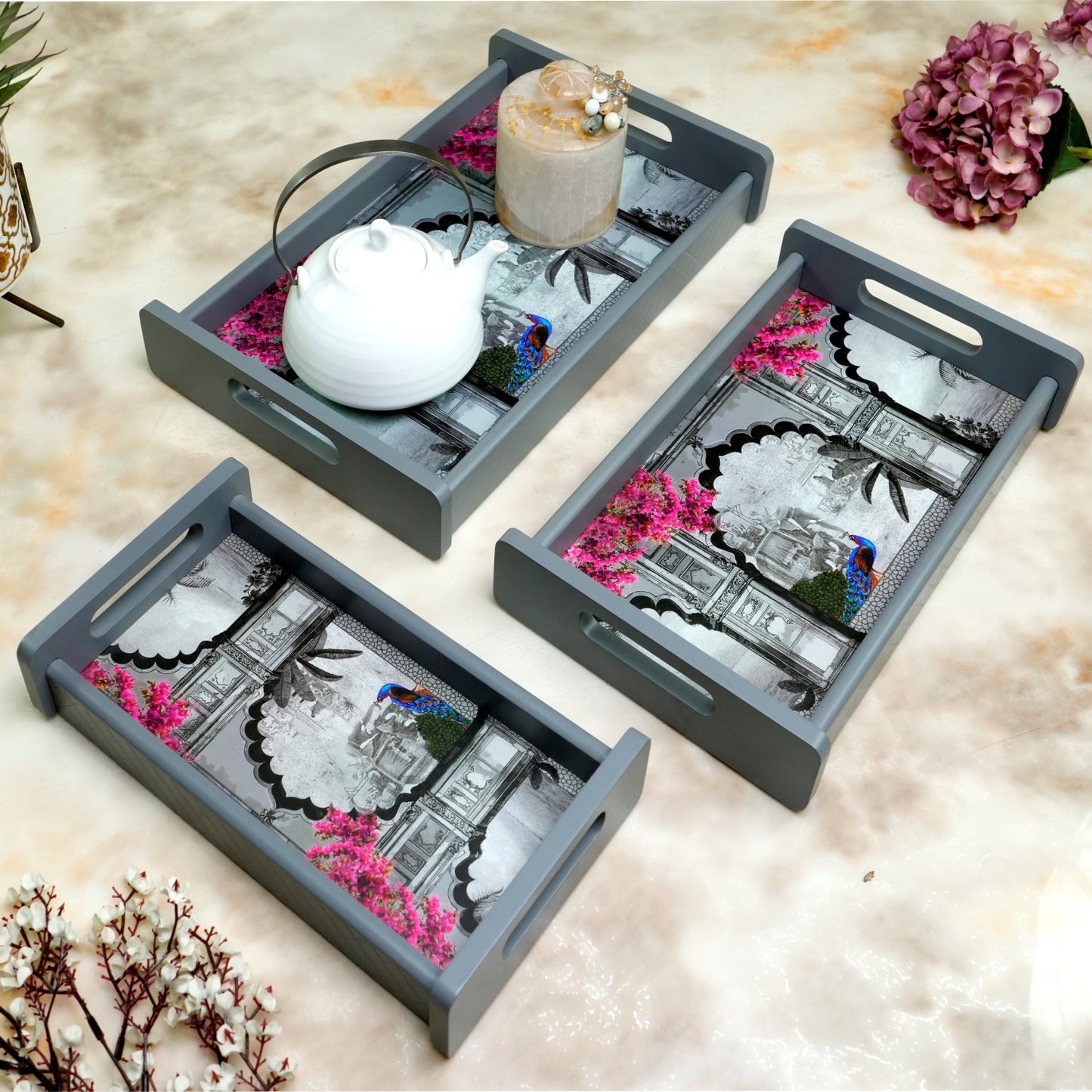 HomeSparkle Wooden Serving Tray Set of 3 – Sizes 16x10, 14x8 & 12x6 inch | Water-Resistant | MDF Print | Engineered Wood | Rectangular, Strong & Durable | Tray Set