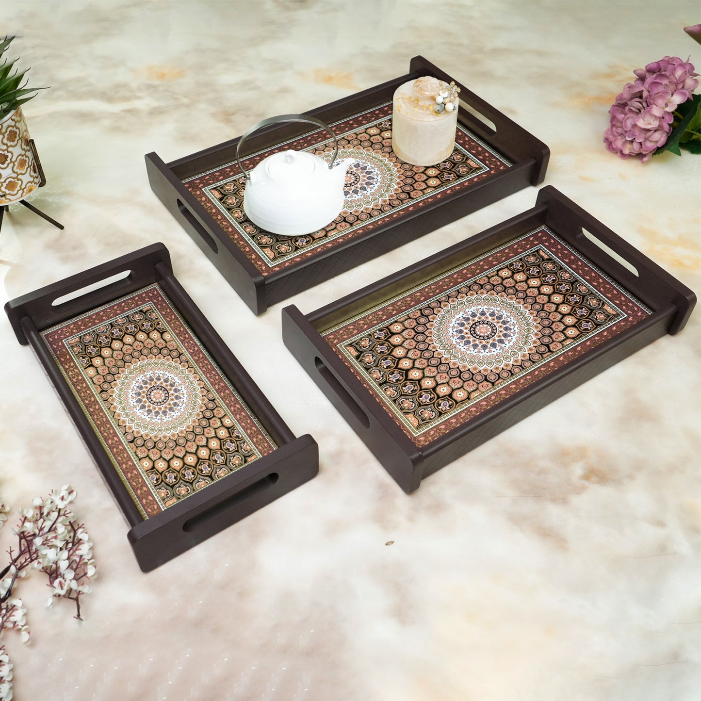 HomeSparkle Wooden Serving Tray Set of 3 – Sizes 16x10, 14x8 & 12x6 inch | Water-Resistant | MDF Print | Engineered Wood | Rectangular, Strong & Durable | Tray Set