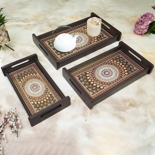 HomeSparkle Wooden Serving Tray Set of 3 – Sizes 16x10, 14x8 & 12x6 inch | Water-Resistant | MDF Print | Engineered Wood | Rectangular, Strong & Durable | Tray Set