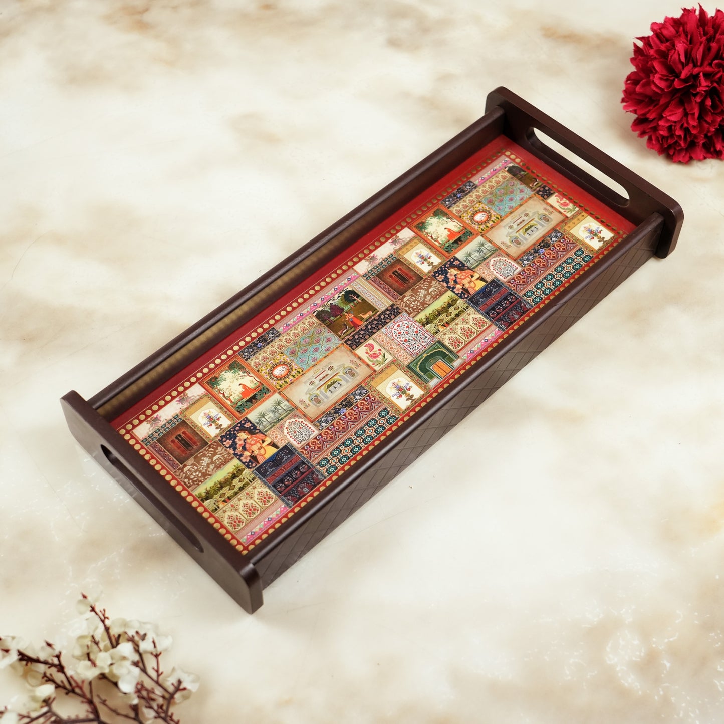 Rectangle Wooden Serving Tray | Elegant Printed Tray for Home & Café Décor