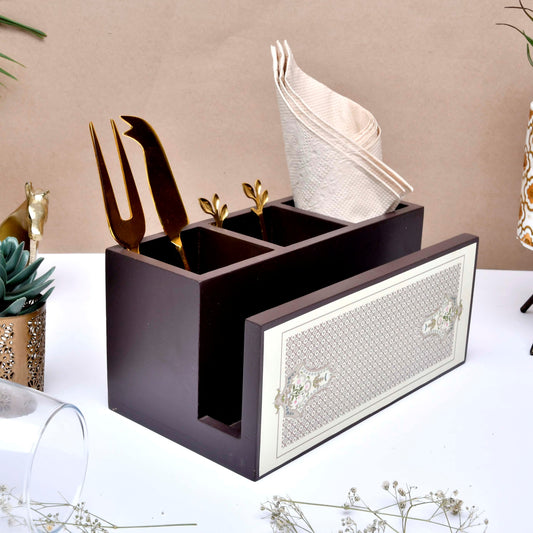 Wooden Cutlery & Tissue Holder for Dining Table | Multi-Compartment Organizer with Printed Design – Elegant Tabletop Accessory