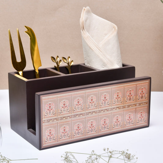 Wooden Cutlery & Tissue Holder for Dining Table | Multi-Compartment Organizer with Printed Design – Elegant Tabletop Accessory
