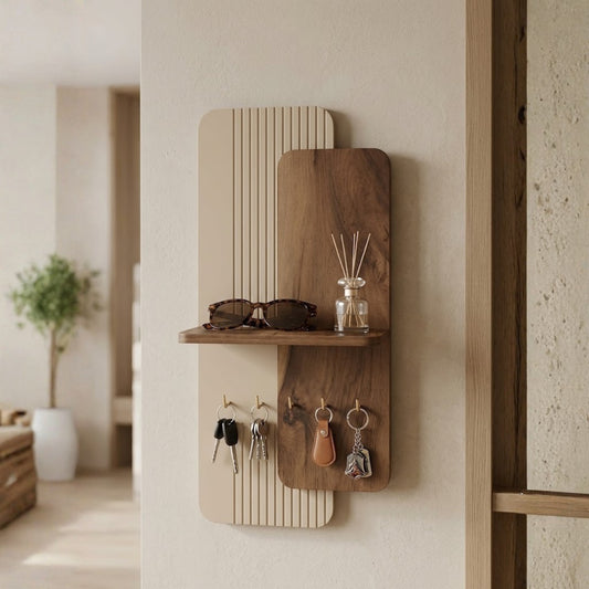 Home Sparkle Modern Dual Panel Key Holder with Shelf | Wooden Wall Mounted Key Organizer