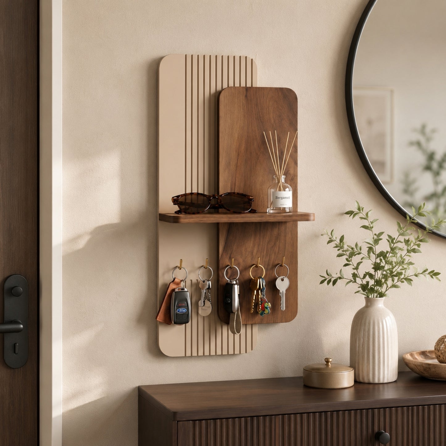 Home Sparkle Modern Dual Panel Key Holder with Shelf | Wooden Wall Mounted Key Organizer