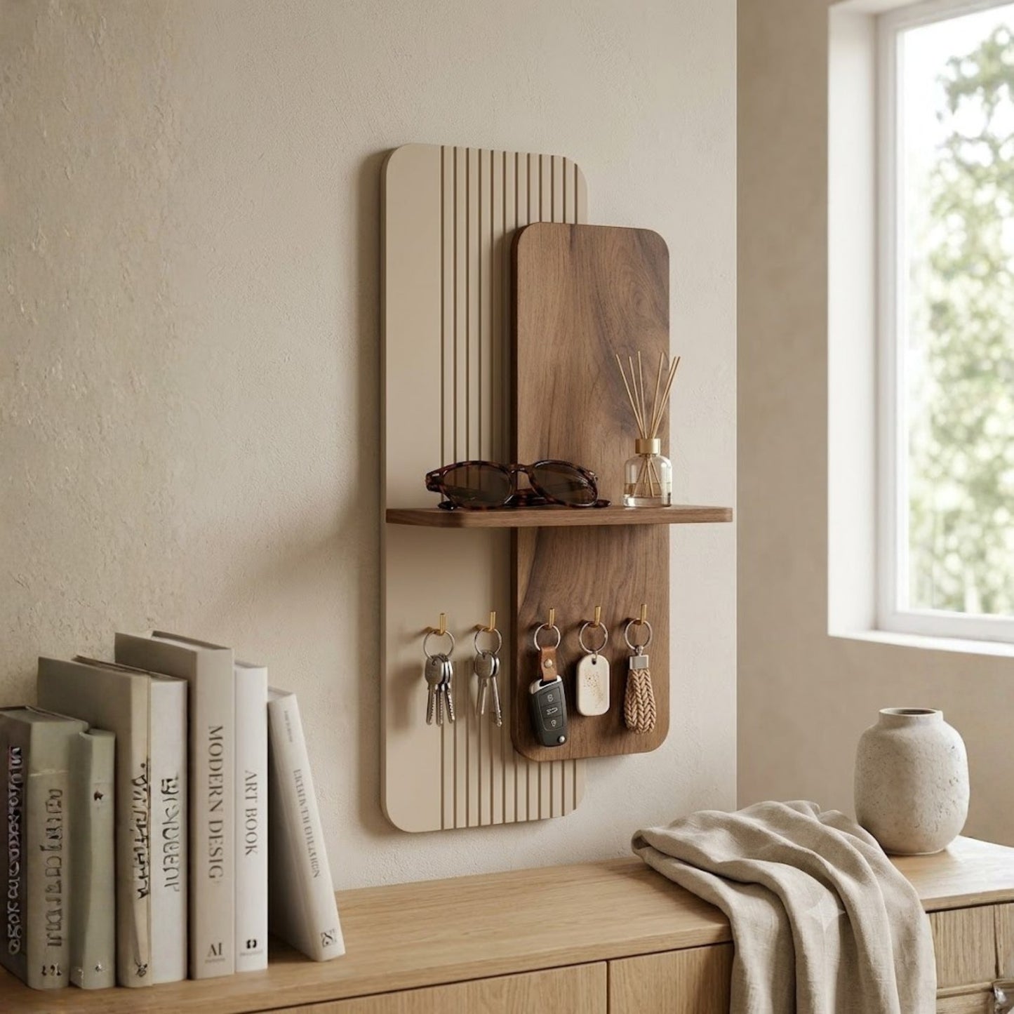 Home Sparkle Modern Dual Panel Key Holder with Shelf | Wooden Wall Mounted Key Organizer