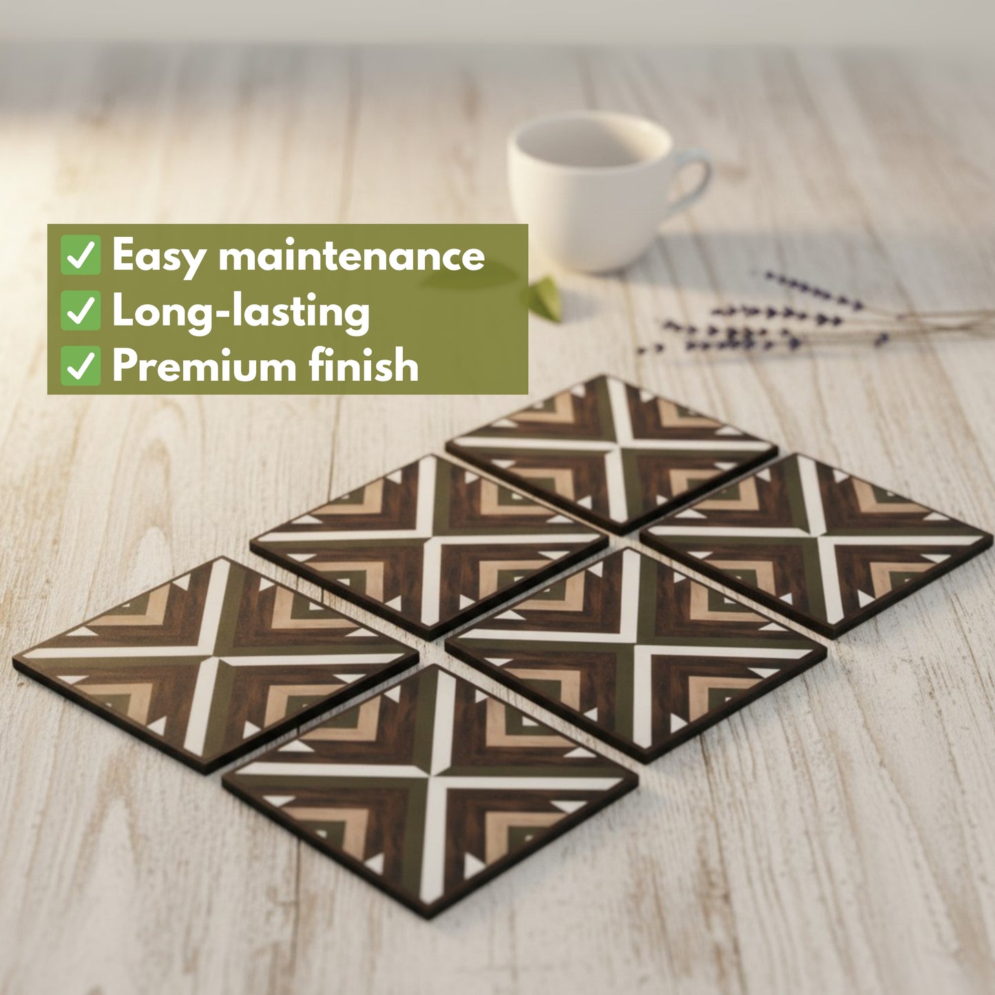 Coasters Set for Dining Table – Tea Coasters for Cups & Mugs | Elegant Table Décor Accessories – Set of 6 with Holder – Durable & Stylish