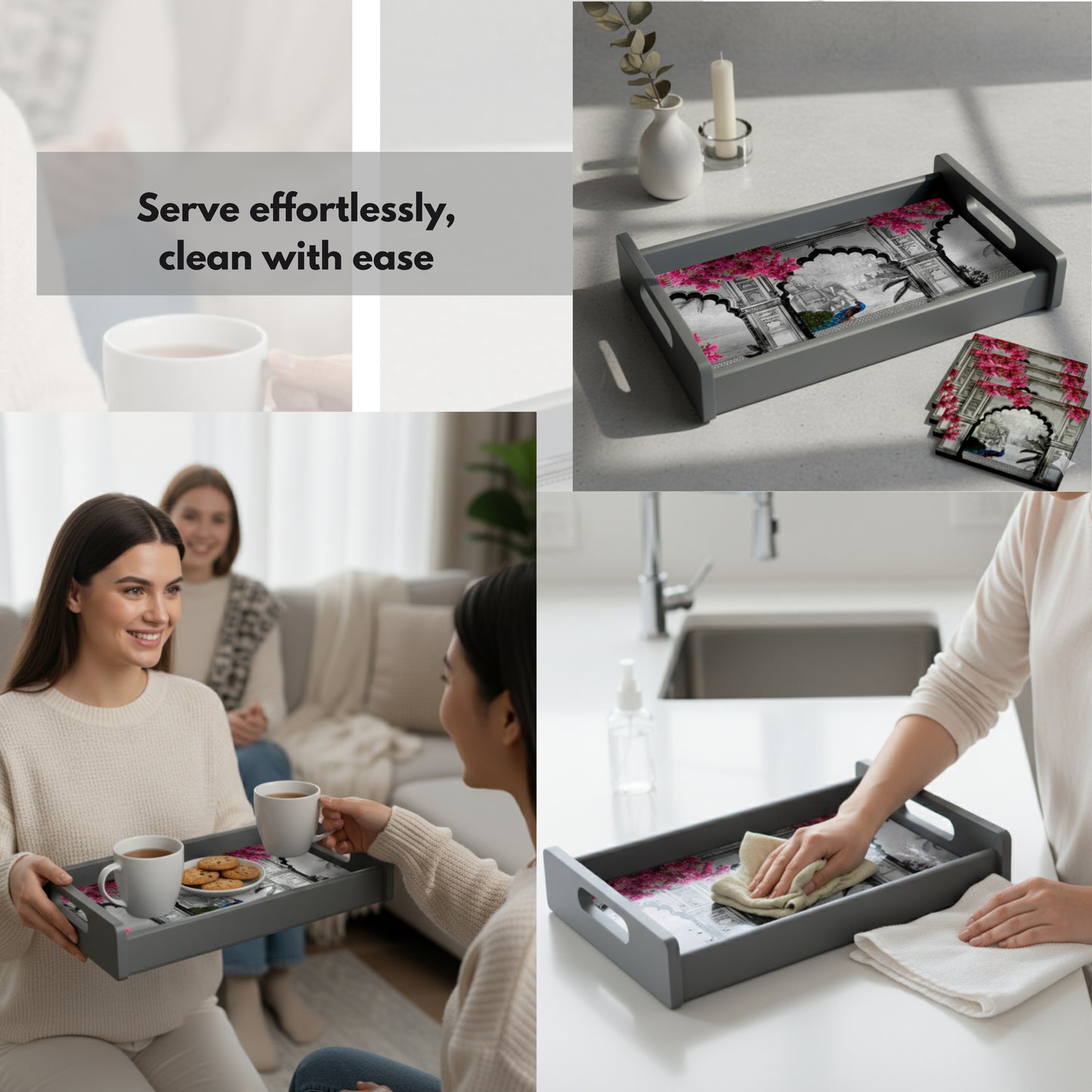 Wooden Serving Tray – 17.75" x 12" x 2.75", Reversible Water-Resistant Tray, Engineered Wood, Multipurpose Tray for Kitchen, Dining & Home Decor – Stylish & Strong