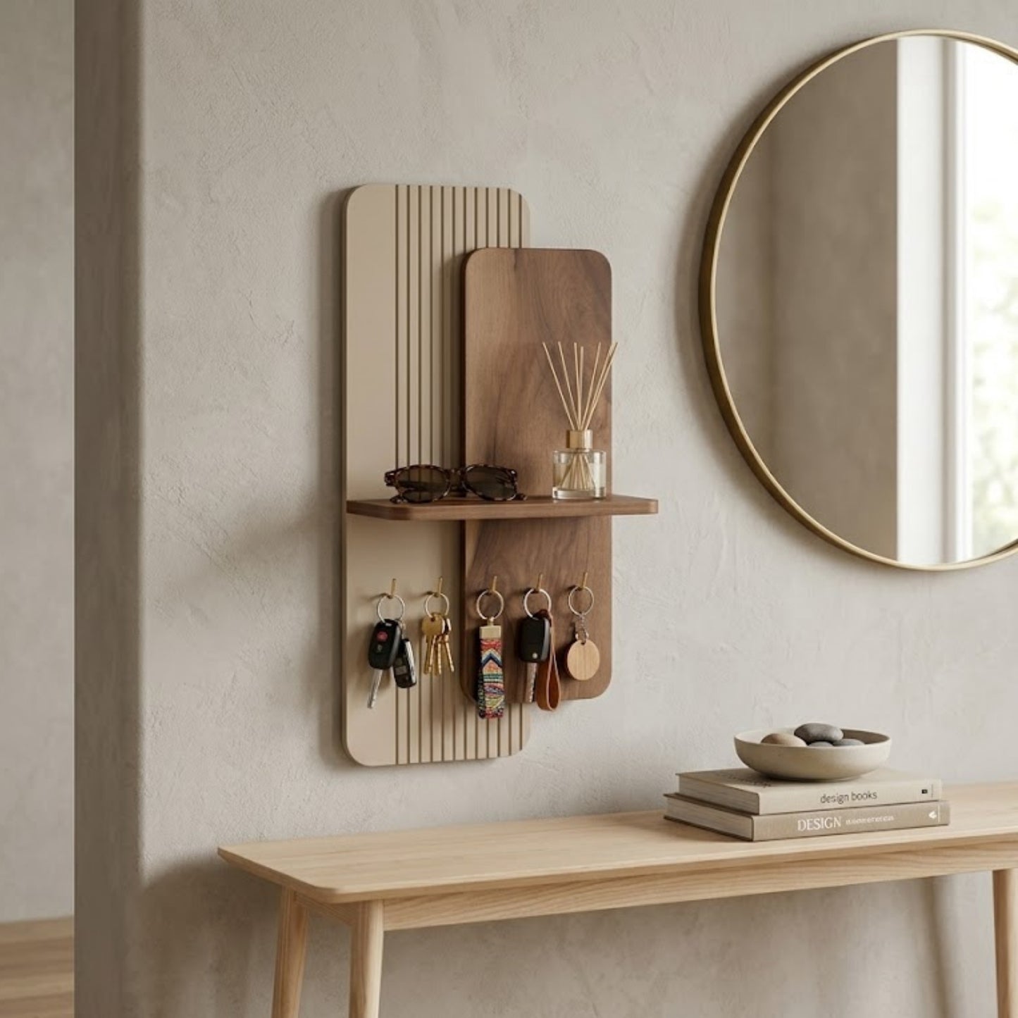 Home Sparkle Modern Dual Panel Key Holder with Shelf | Wooden Wall Mounted Key Organizer
