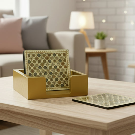 Coasters Set for Dining Table – Tea Coasters for Cups & Mugs | Elegant Table Décor Accessories – Set of 6 with Holder – Durable & Stylish