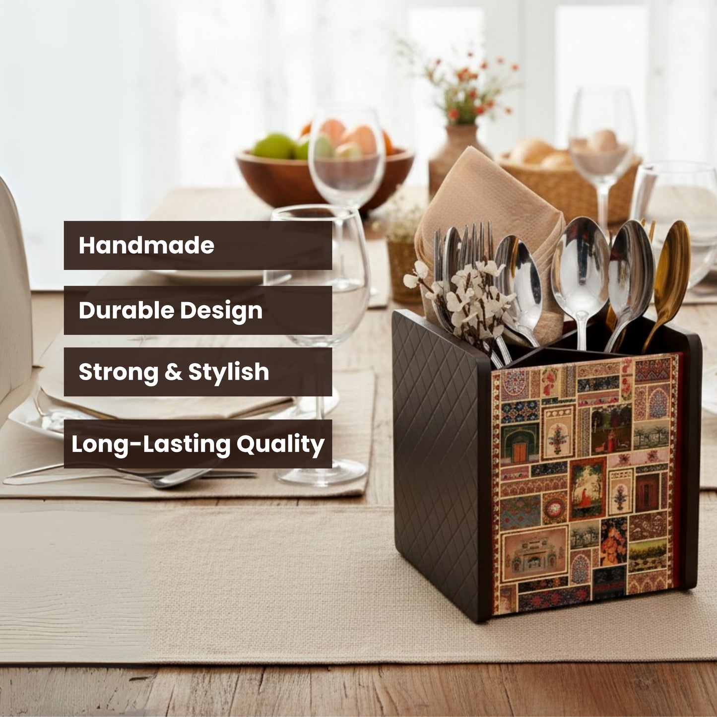 Wooden Cutlery Holder for Dining Table & Kitchen | Multi-Compartment Utensil Organizer for Spoons, Forks, Knives & Napkins