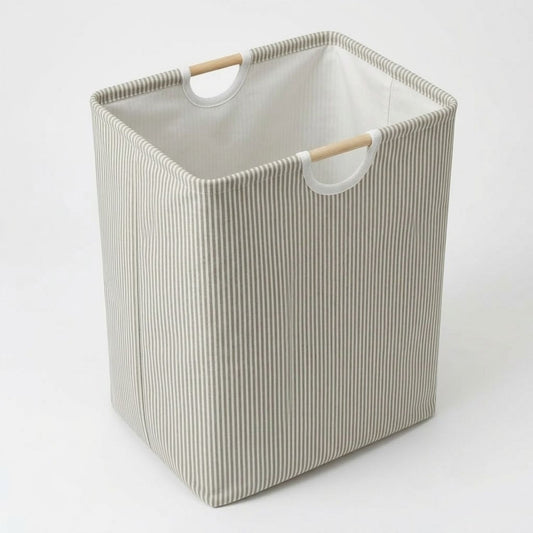 Premium Striped Print Laundry Basket for Clothes with Wooden Handles | Stylish Large Clothes Storage Basket for Bedroom & Laundry Room | 40 × 23 × 55 cm