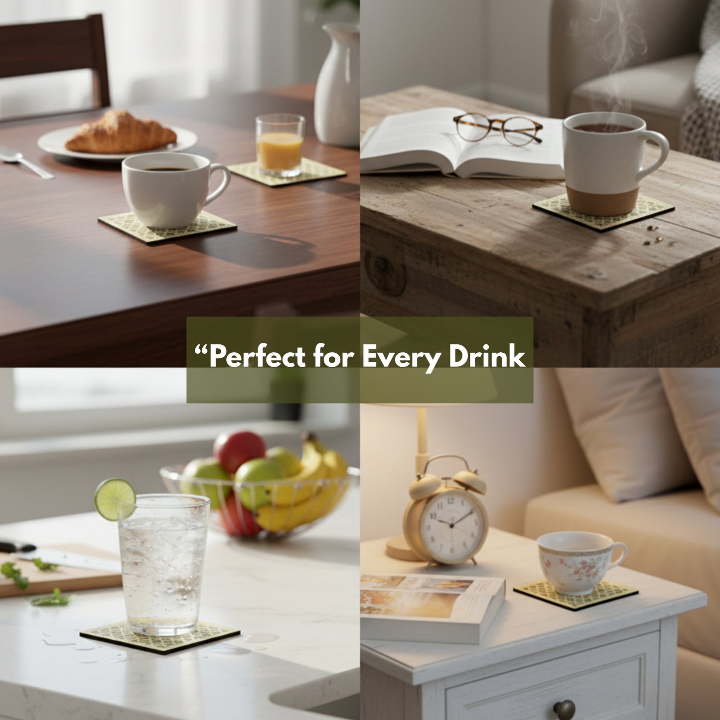 Coasters Set for Dining Table – Tea Coasters for Cups & Mugs | Elegant Table Décor Accessories – Set of 6 with Holder – Durable & Stylish