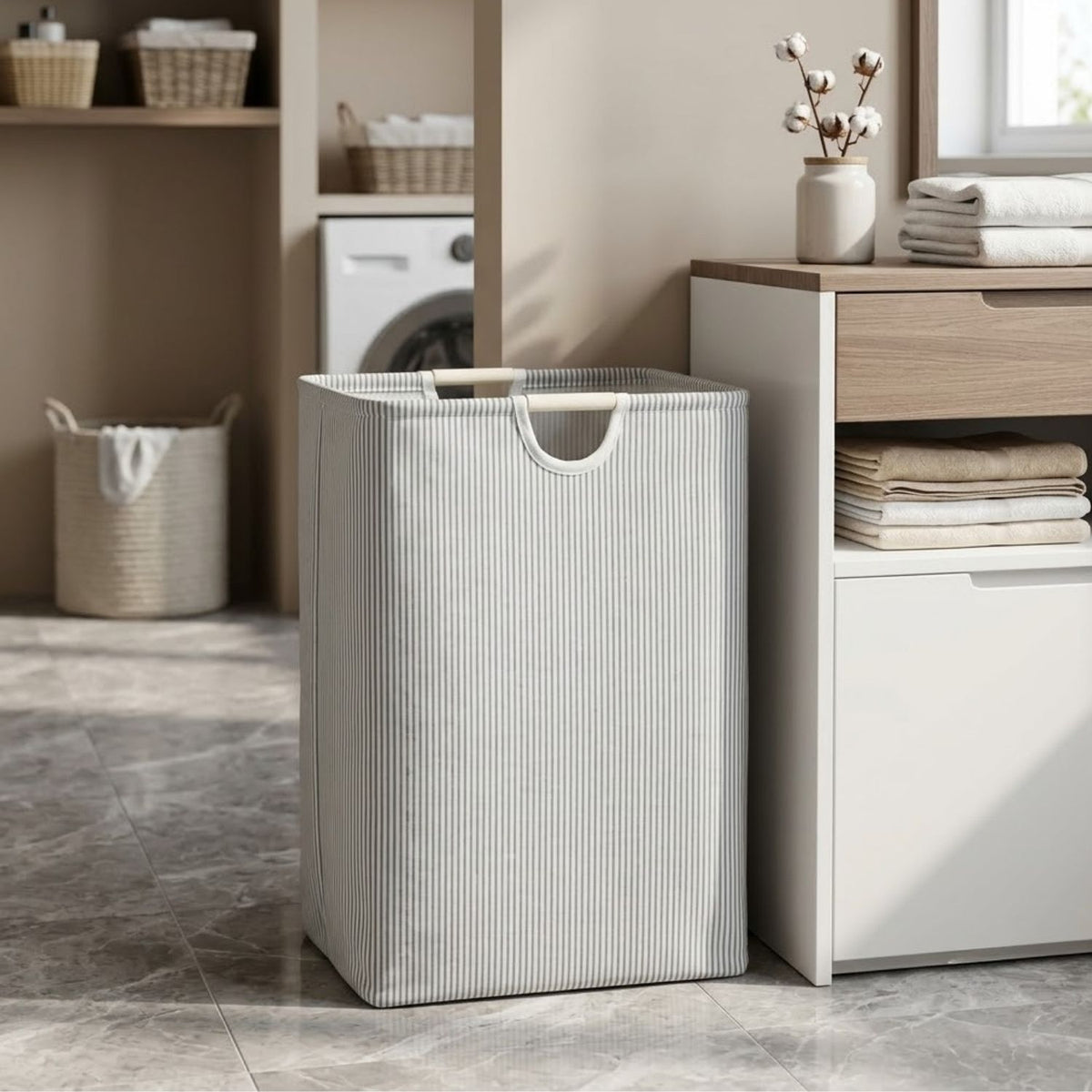 Premium Striped Print Laundry Basket for Clothes with Wooden Handles | Stylish Large Clothes Storage Basket for Bedroom & Laundry Room | 40 × 23 × 55 cm