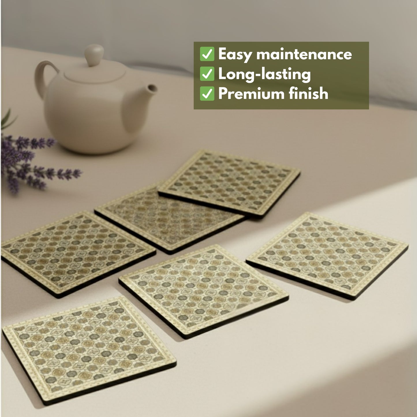 Coasters Set for Dining Table – Tea Coasters for Cups & Mugs | Elegant Table Décor Accessories – Set of 6 with Holder – Durable & Stylish