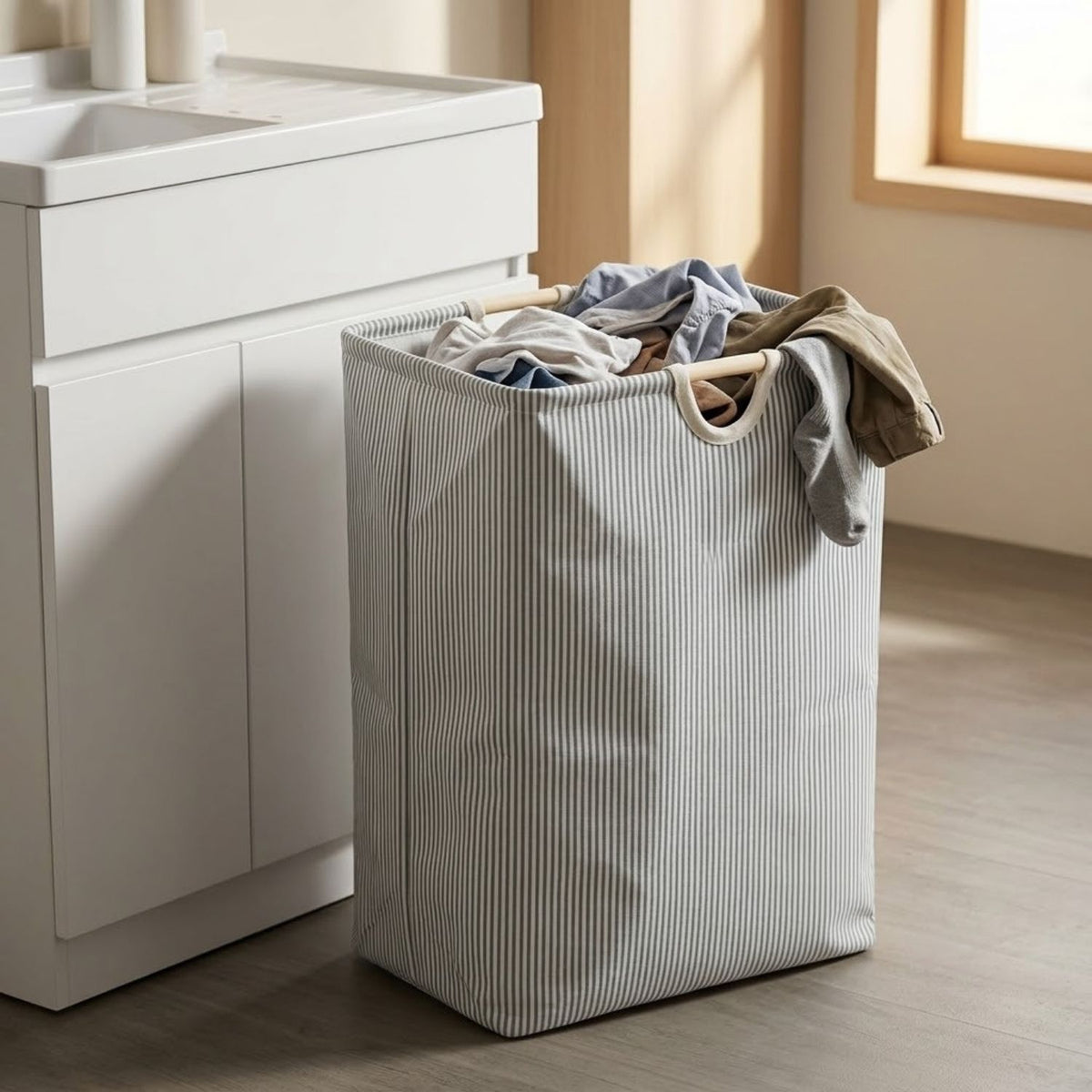 Premium Striped Print Laundry Basket for Clothes with Wooden Handles | Stylish Large Clothes Storage Basket for Bedroom & Laundry Room | 40 × 23 × 55 cm