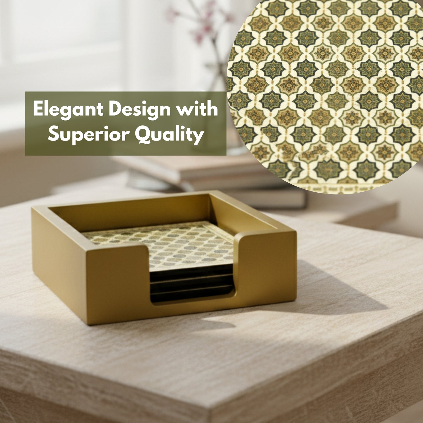 Coasters Set for Dining Table – Tea Coasters for Cups & Mugs | Elegant Table Décor Accessories – Set of 6 with Holder – Durable & Stylish