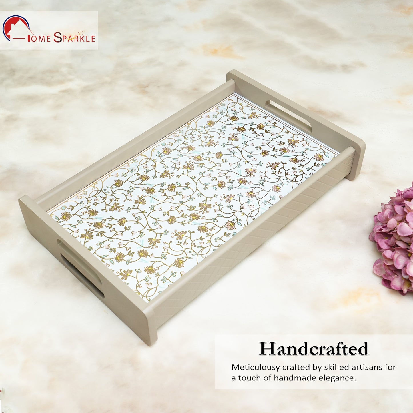 **Home Sparkle 18 Inch Reversible Wooden Serving Tray | Double-Sided Floral Printed Decorative Tray for Tea, Coffee, Breakfast & Snacks**