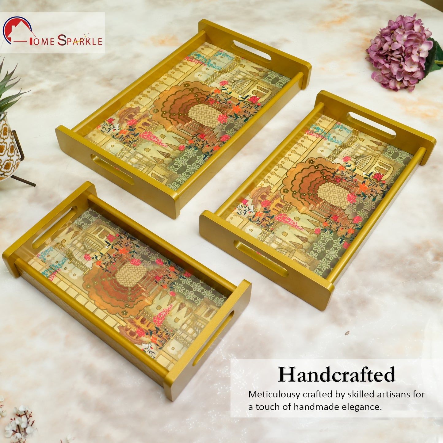 Set of 3 Printed Wooden Serving Trays for Kitchen, Tea, Coffee & Snacks | Decorative MDF Tray Set for Home & Gifting