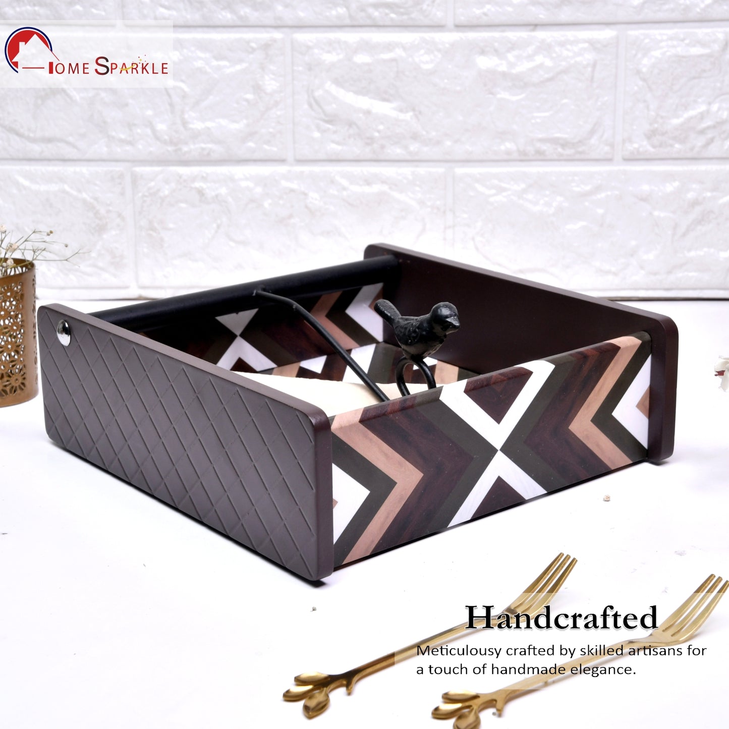 Decorative Wooden Tissue Box Holder for Dining Table & Living Room | Elegant Napkin Organizer with Printed Design