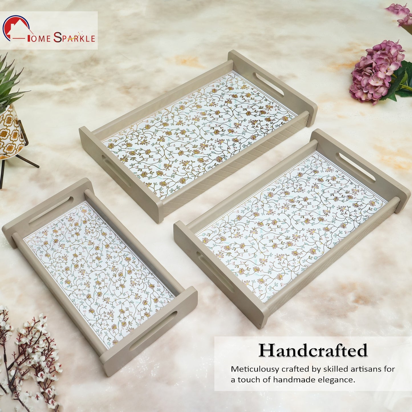 Wooden Serving Tray Set of 3 – Sizes 16x10, 14x8 & 12x6 inch | Water-Resistant | MDF Print | Engineered Wood | Rectangular, Strong & Durable