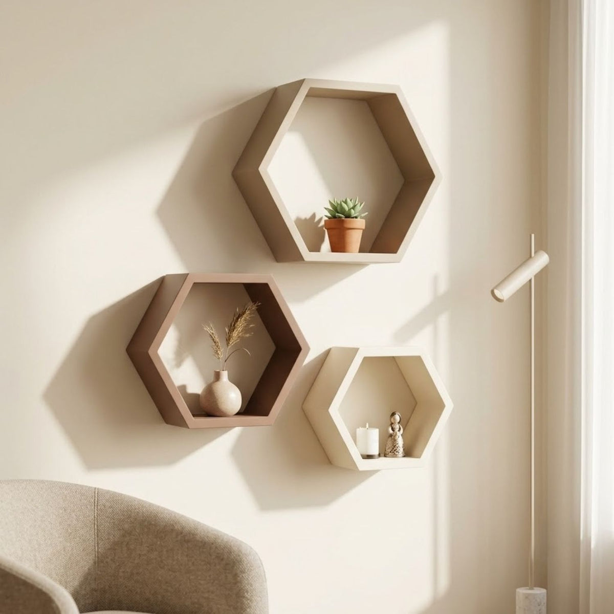 Hexagon Wall Shelf Set of 3 – Beige, Pale Brown & Ivory White