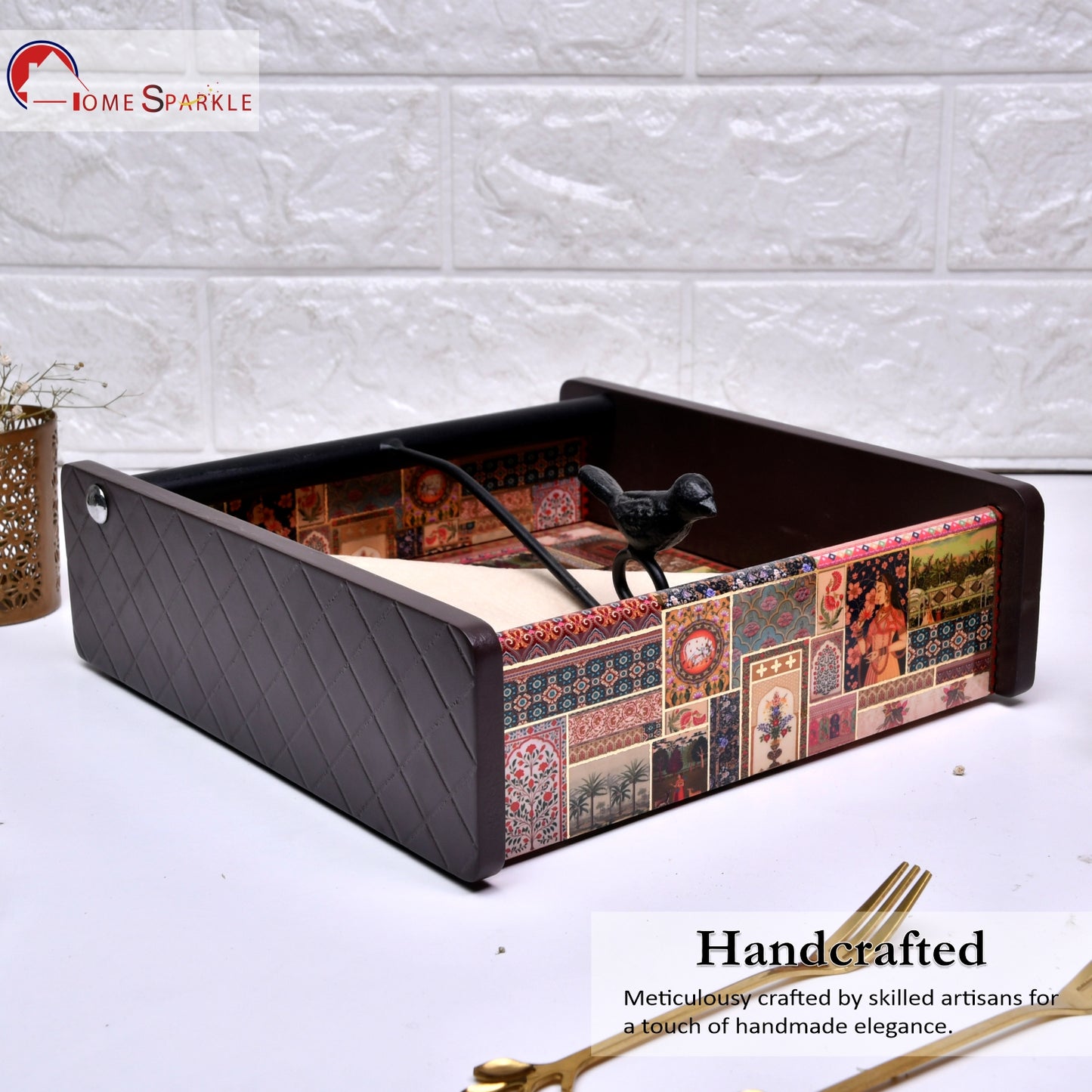 Wooden Tissue Box Holder for Dining Table & Living Room | Elegant Printed Napkin Organizer with Metal Handle