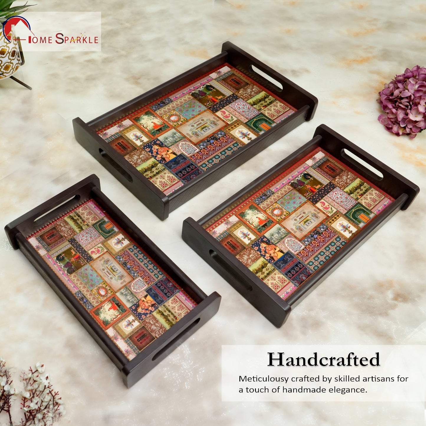 Home Sparkle Wooden Serving Tray Set of 3 | Decorative Printed MDF Breakfast & Coffee Trays with Handles | Multipurpose Serving & Organizer Trays | Water Resistant Finish