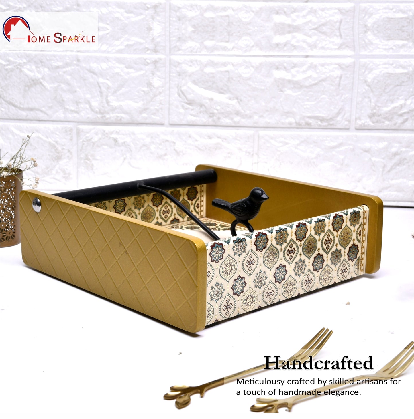 Wooden Tissue Box Holder for Dining Table & Living Room | Elegant Printed Napkin Organizer with Metal Handle