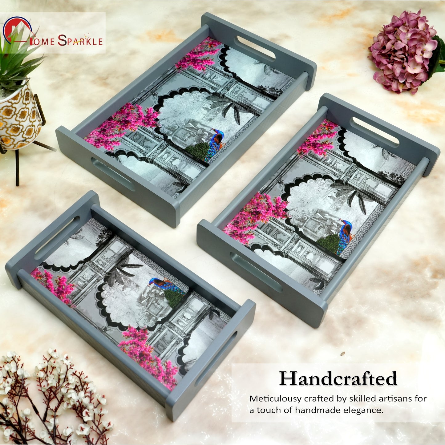 HomeSparkle Wooden Serving Tray Set of 3 – Sizes 16x10, 14x8 & 12x6 inch | Water-Resistant | MDF Print | Engineered Wood | Rectangular, Strong & Durable | Tray Set