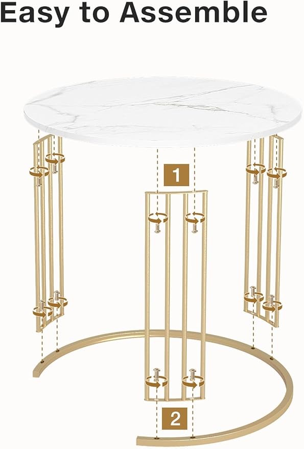 Home Sparkle Modern Round Nesting Coffee Table Set | White Marble-Look Top with Gold Finish Metal Frame | Elegant Center Table Set for Living Room | Contemporary Home Décor
