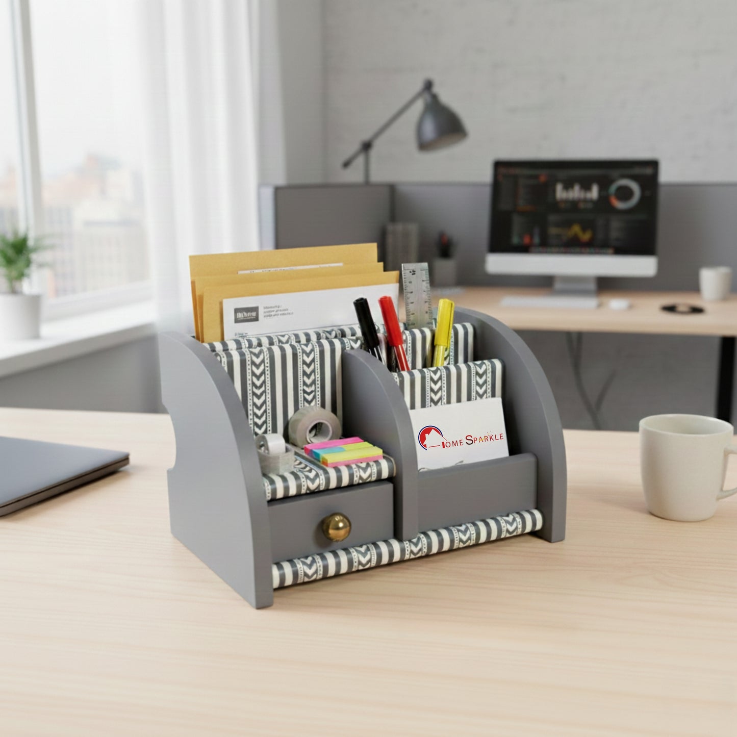 Home Sparkle Wooden Desk Organizer for Office & Home | Pen, File & Card Holder with Multi-Compartments & Drawer | Desk Accessories Organizer (Grey)