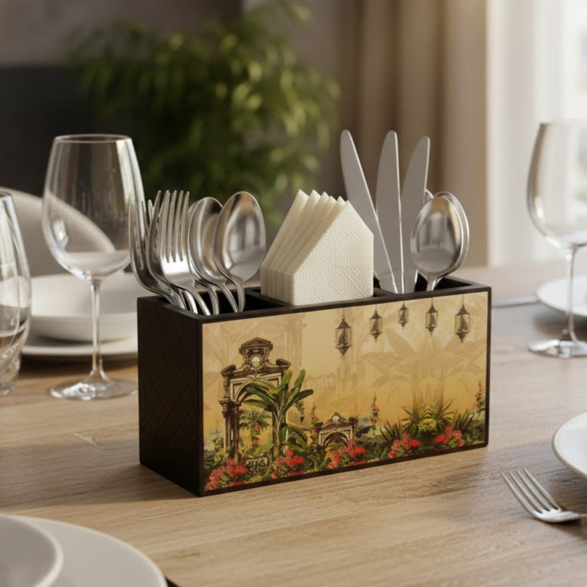 **Home Sparkle Wooden Cutlery & Tissue Holder | Decorative Tabletop Organizer with Separate Compartments | Spoon, Fork & Napkin Storage Box | Printed MDF Dining Table Organizer**
