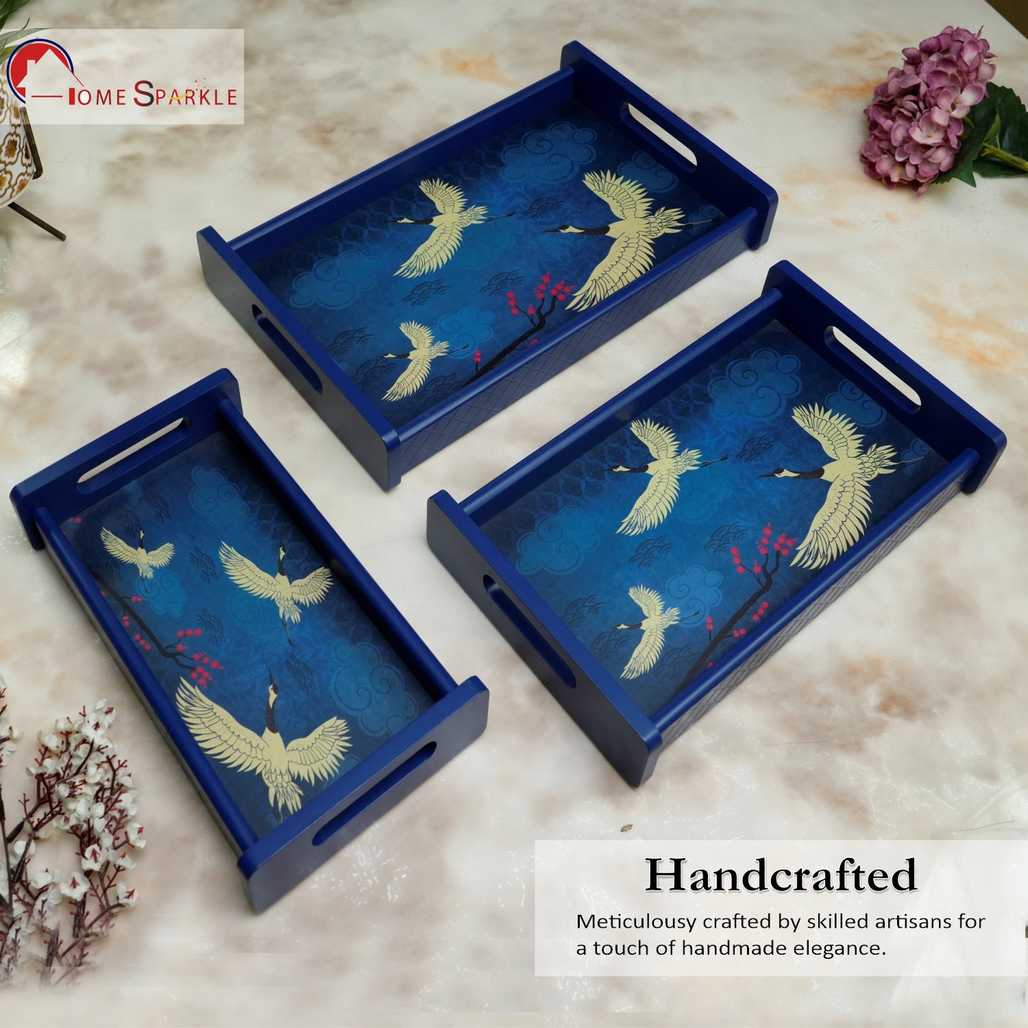 Home Sparkle Wooden Serving Tray Set of 3 – Sizes 16x10, 14x8 & 12x6 inch | Water-Resistant | MDF Print | Engineered Wood | Rectangular, Strong & Durable | Tray Set