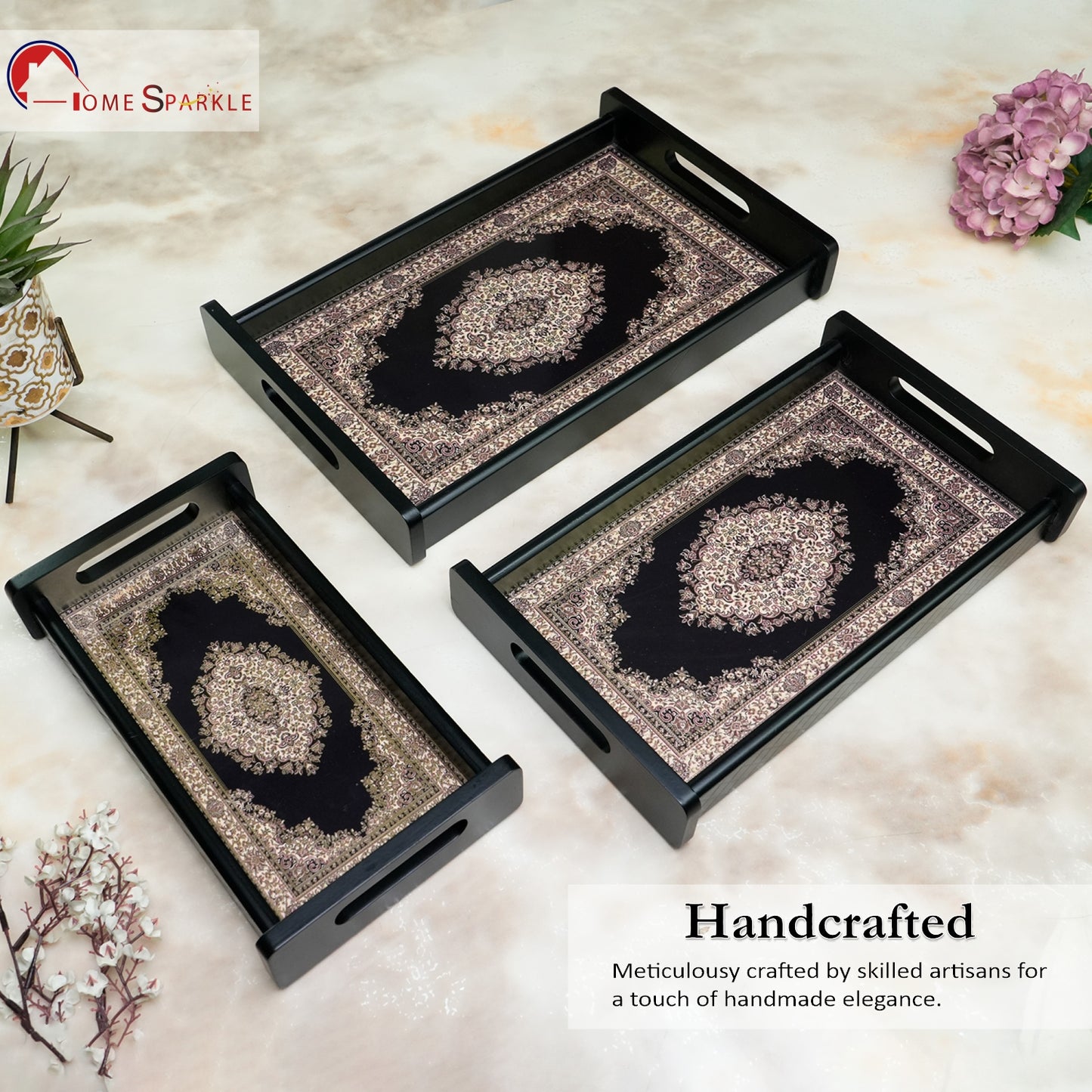 Set of 3 Printed Wooden Serving Trays for Kitchen, Tea, Coffee & Snacks | Decorative MDF Tray Set for Home & Gifting
