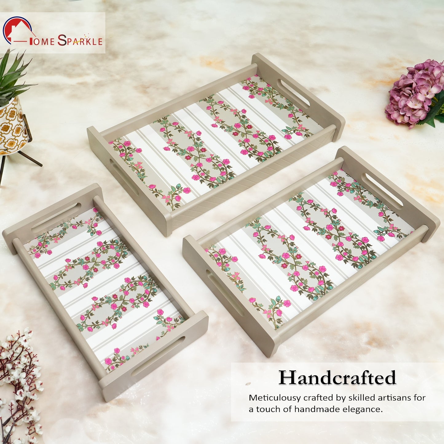 Set of 3 Printed Wooden Serving Trays for Kitchen, Tea, Coffee & Snacks | Decorative MDF Tray Set for Home & Gifting