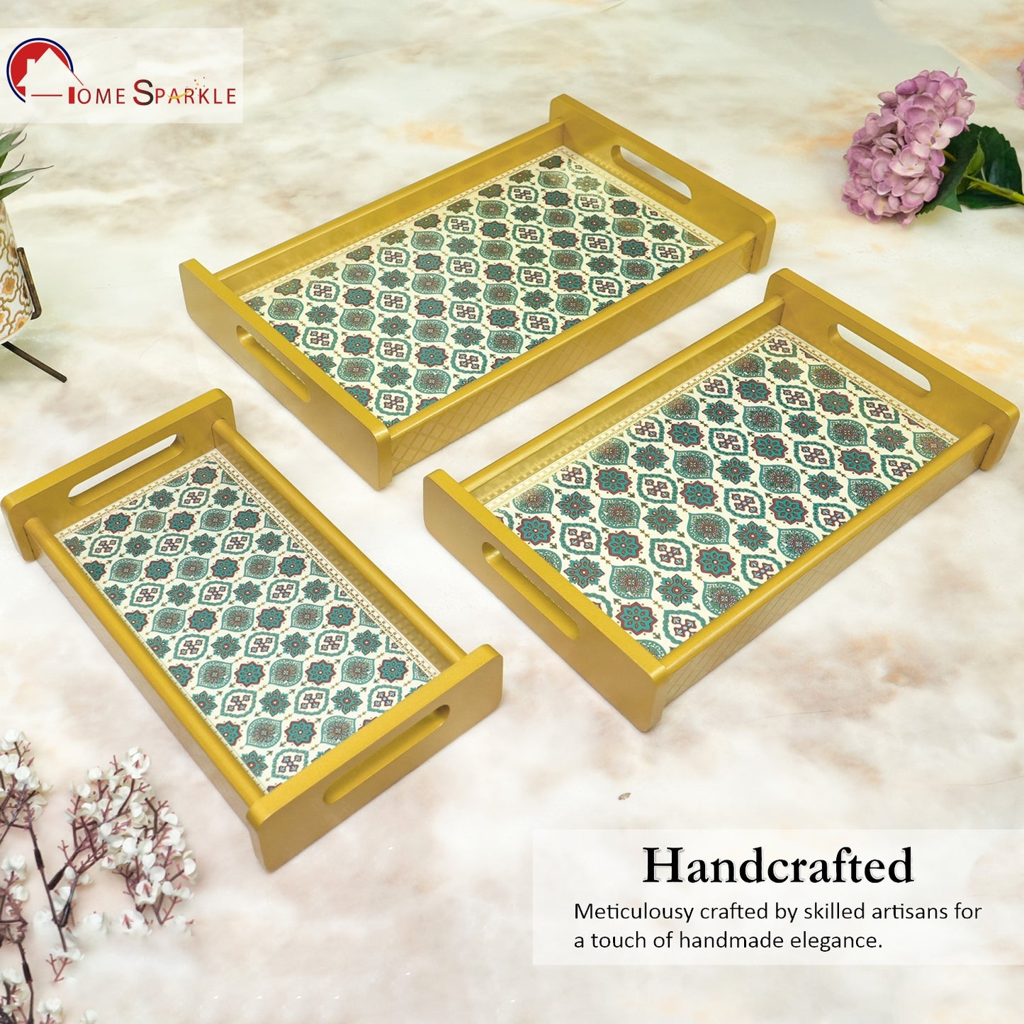 HomeSparkle Wooden Serving Tray Set of 3 – Sizes 16x10, 14x8 & 12x6 inch | Water-Resistant | MDF Print | Engineered Wood | Rectangular, Strong & Durable | Tray Set