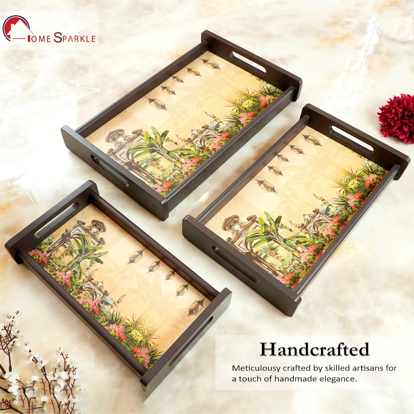 HomeSparkle Wooden Serving Tray Set of 3 – Sizes 16x10, 14x8 & 12x6 inch | Water-Resistant | MDF Print | Engineered Wood | Rectangular, Strong & Durable | Tray Set