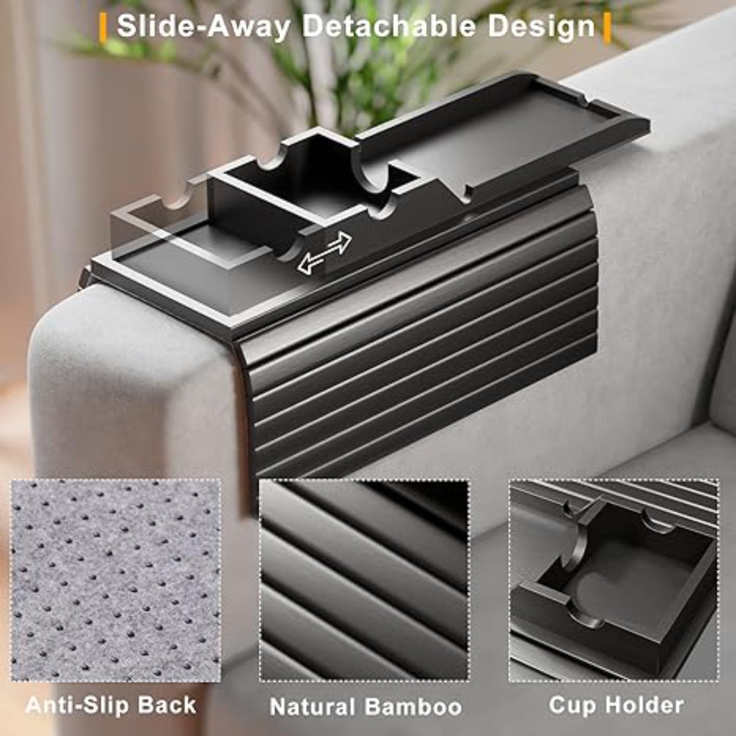 Home Sparkle Bamboo Couch Armrest Tray 2 in 1 - Cup Holder & Sofa Arm Tray - Anti-Slip, Foldable - Black