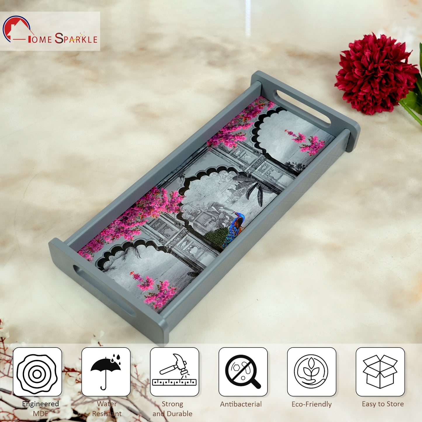 Rectangle Wooden Serving Tray | Elegant Printed MDF Tray for Home & Café Décor