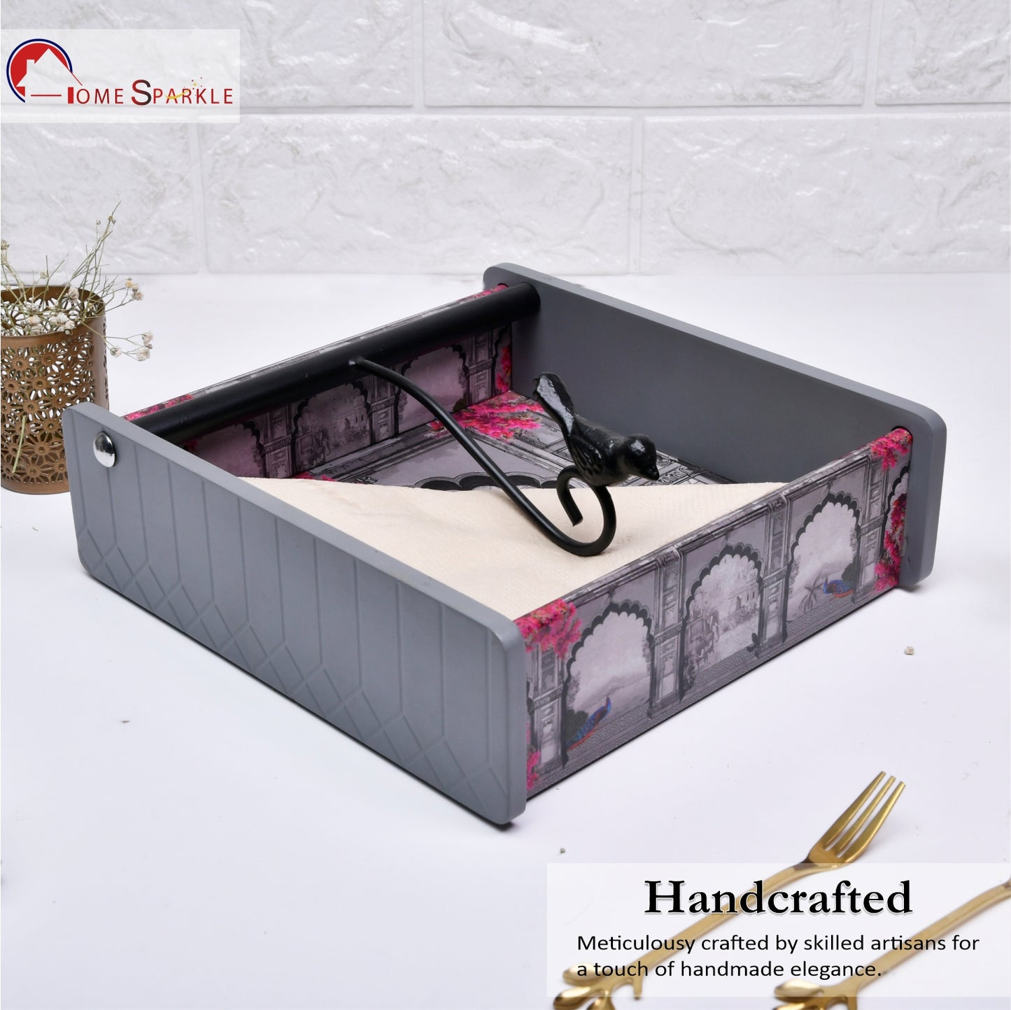 Wooden Tissue Box Holder for Dining Table & Living Room | Elegant Printed Napkin Organizer with Metal Handle