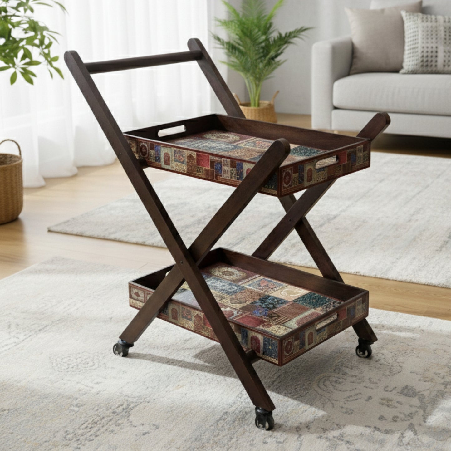 Home Sparkle Premium Folding Tea Trolley with 2 Removable Serving Trays | Wooden Rolling Serving Cart with Wheels | Mosaic Pattern | Kitchen, Dining & Living Room Utility Trolley