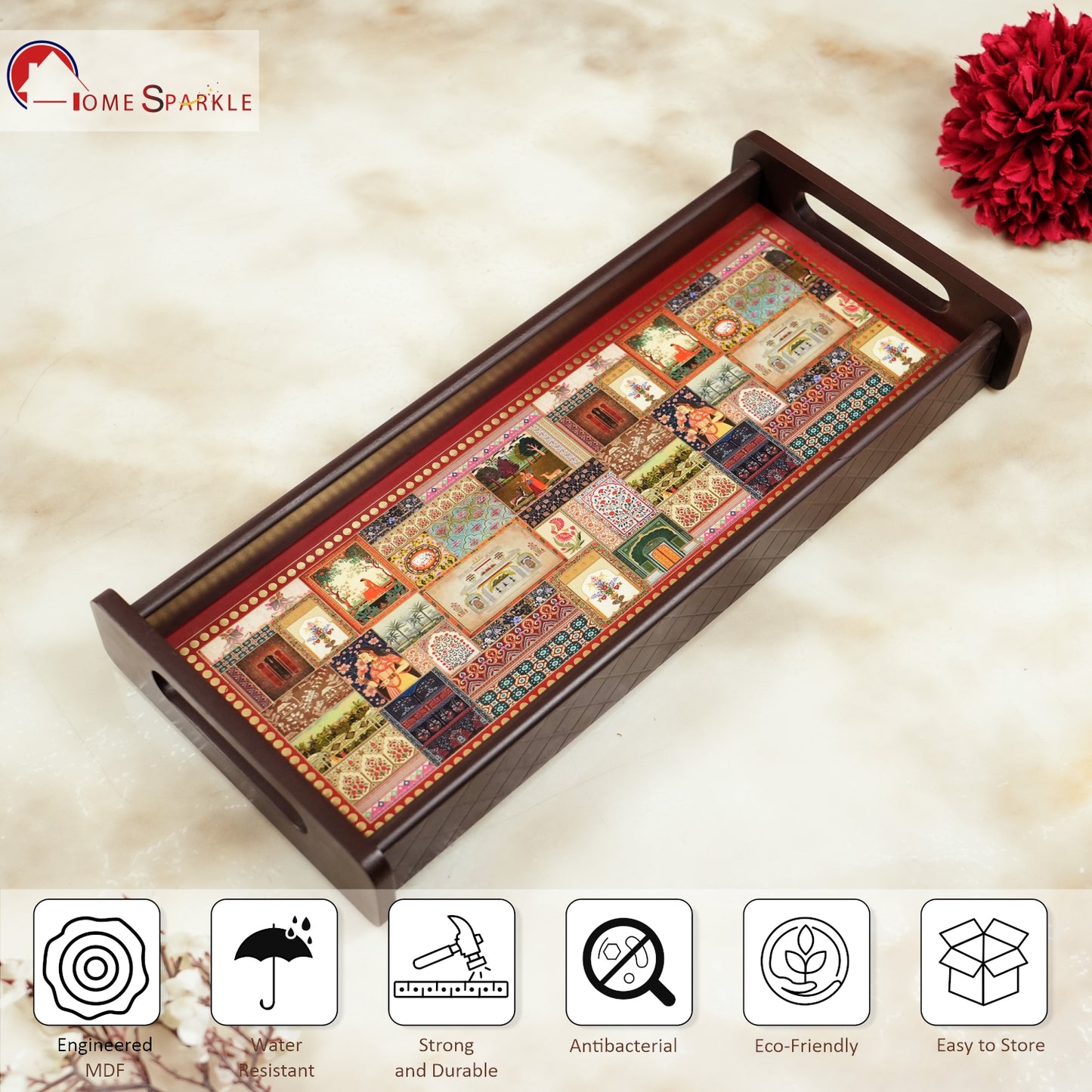 Rectangle Wooden Serving Tray | Elegant Printed Tray for Home & Café Décor