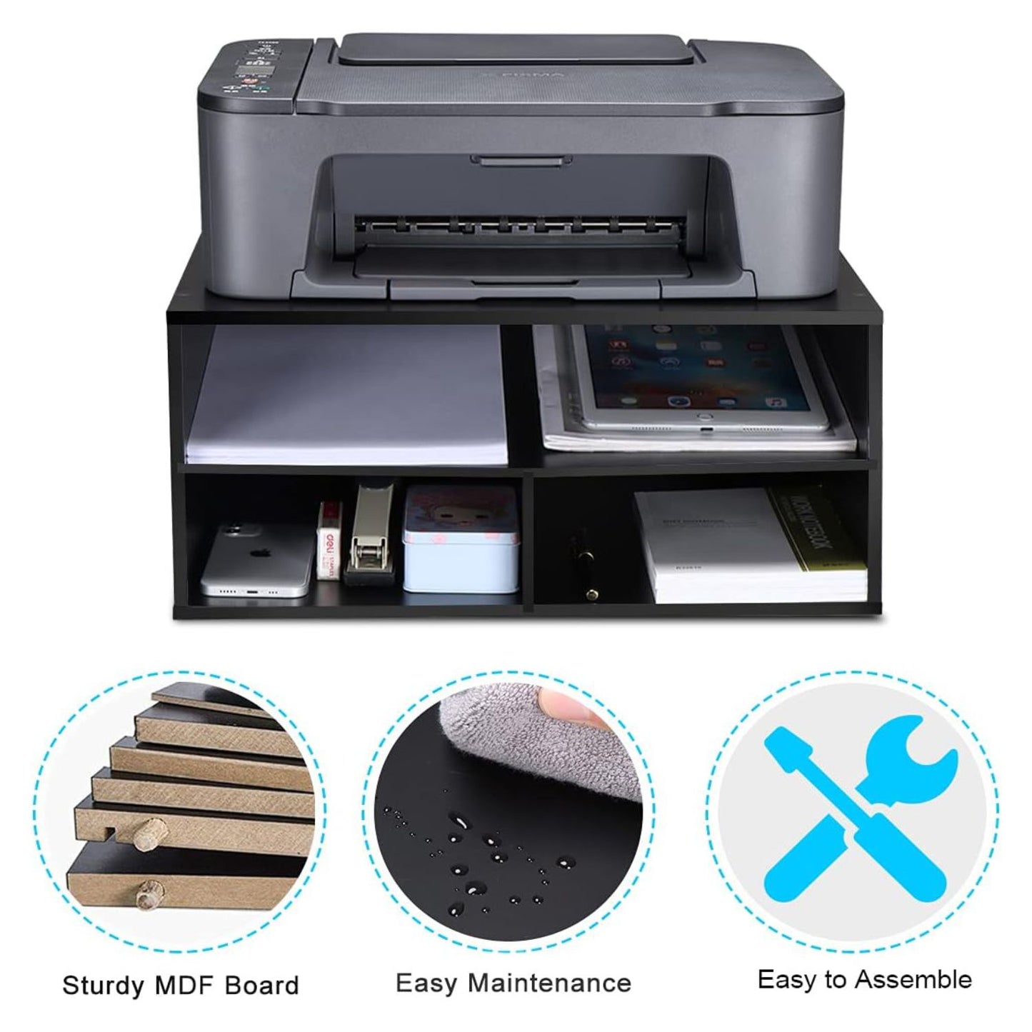 Home Sparkle 3-Tier Printer Stand with Storage – Wood Desk Organizer Shelf for Home/Office, Paper Tray, Printer Riser for Desk, Compact Monitor Stand